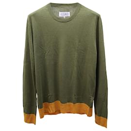Maison Martin Margiela-Maison Martin Margiela Sweater with Leather Elbow Patch in Green Khaki Linen-Green,Khaki