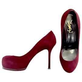 Saint Laurent-YSL Tribute Two platform pumps in burgundy suede-Red,Dark red