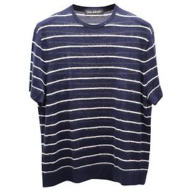 Neil Barrett Short Sleeve Knitted Stripe Shirt in Navy Blue and White Wool  Blue Navy blue