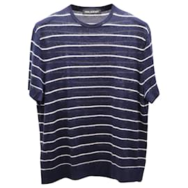 Neil Barrett-Neil Barrett Chemise à rayures tricotées à manches courtes en laine bleu marine et blanche-Bleu,Bleu Marine