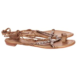 Sergio Rossi-Sergio Rossi Embellished Tie-Up Sandals in Gold Leather-Golden