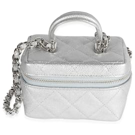 Chanel-Chanel Silver Metallic Quilted Caviar Mini Vanity Bag With Chain -Grey