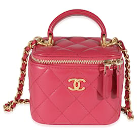 Chanel-Chanel Raspberry Quilted Lambskin Mini Vanity Case With Chain -Red