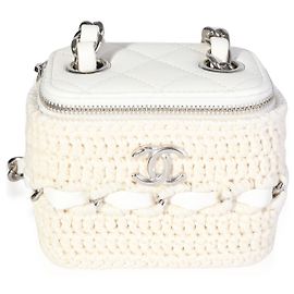 Mini bolsa de penteadeira de couro de cordeiro branca Chanel acolchoada e de crochê natural Branco