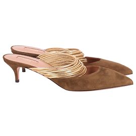 Aquazzura 'Rendez Vous' Metallic Strap Low-Heel Mules in Olive Suede Vert Vert olive