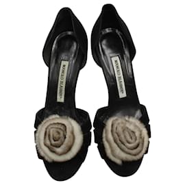 Manolo Blahnik-Manolo Blahnik Nerzpelz Blume Rosette Slingback Heels in schwarzem Wildleder-Schwarz