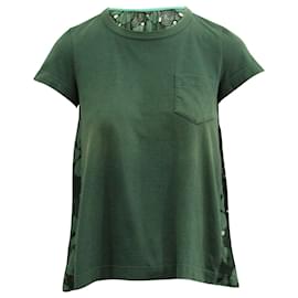 Sacai-T-shirt svasata con pieghe in pizzo Sacai Panel in cotone verde-Verde