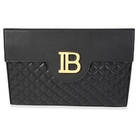 Bolsa Balmain preta acolchoada pele de cordeiro B logo clutch Preto