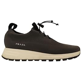 Prada-Prada Sport Knit No Tie Lace Up Sneakers in Grey Polyester-Grey