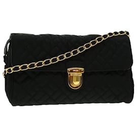 Prada-PRADA Chain Shoulder Bag Nylon Black Gold Auth 30469a-Black,Golden