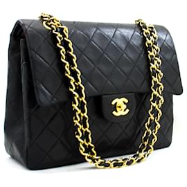 Chanel-Chanel 2.55 Sac à bandoulière à rabat et chaîne carrée en cuir d'agneau noir-Noir