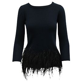 Carolina Herrera Marineblauer Pullover mit schwarzen Federn Blau Marineblau