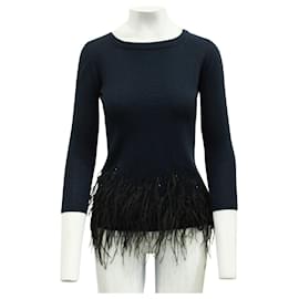 Carolina Herrera-Navy Blue Sweater with Black Feathers-Blue,Navy blue