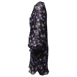 Ganni-Ganni Gathered Floral Long-Sleeved Dress in Black Viscose-Black