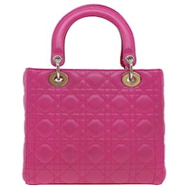 Christian Dior-Christian Dior Lady Dior Canage Hand Bag Lamb Skin Pink Auth 30532a-Pink