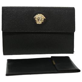 Gianni Versace Wallet Leather Black Auth ac846 Black