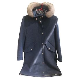 Casaco azul de lã Massimo Dutti com capuz de pele sintética Azul