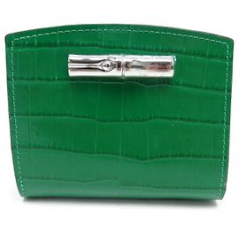 NEW COMPACT WALLET LONGCHAMP ROSEAU GREEN CROCO PRINTED LEATHER WALLET Green