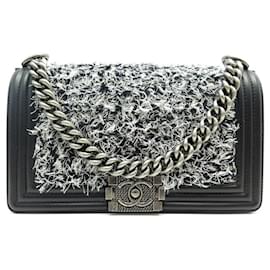 Chanel-NEW CHANEL BOY HANDBAG BRAIDED BLACK LEATHER & TWEED CROSSBODY BOX BAG-Black