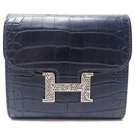 Hermès NEW HERMES CONSTANCE COMPACT WALLET IN CROCODILE LEATHER H IN LIZARD WALLET Navy blue