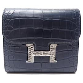 Hermès-NEW HERMES CONSTANCE COMPACT WALLET IN CROCODILE LEATHER H IN LIZARD WALLET-Navy blue