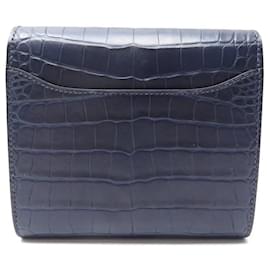 Hermès-NEW HERMES CONSTANCE COMPACT WALLET IN CROCODILE LEATHER H IN LIZARD WALLET-Navy blue