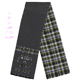 Moschino-Moschino Plaid Logo Wool Scarf-Grey