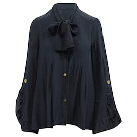 Peter Pilotto-Peter Pilotto Long Sleeve Blouse with Pussy Bow in Navy Blue Silk-Navy blue