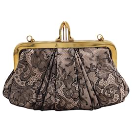 Christian Louboutin-Christian Louboutin Lace Clutch with Gold Chain Strap in Nude and Black Satin-Flesh