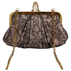 Christian Louboutin-Christian Louboutin Lace Clutch with Gold Chain Strap in Nude and Black Satin-Flesh