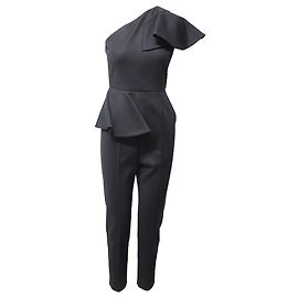 MSGM One Shoulder Flounce Jumpsuit in Black Polyamide Black