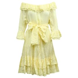 Lisa Marie Fernandez-Lisa Marie Fernandez Striped Off Shoulder Midi Dress in Yellow Cotton-Other