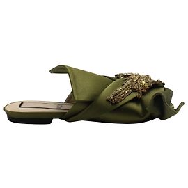 N°21 N.21 Raso Knot Flat Embellished Slides in Green Satin Green
