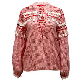 Autre Marque-Dodo Bar Or Tassel Embellished Peasant Top in Red Cotton-Red