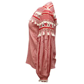 Autre Marque-Top contadino decorato con barretta o nappa in cotone rosso-Rosso