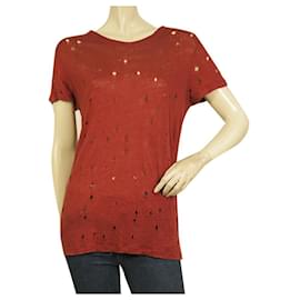 Iro-IRO Clay Red Linen Short Sleeve T-shirt Top with Holes size XS-Dark red