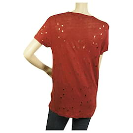 Iro-Camiseta de manga curta de linho vermelho de barro IRO com furos tamanho XS-Bordeaux