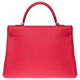 Hermès-Exceptional Hermès Kelly handbag 35 reverse Togo leather shoulder strap Rose lipstick , gold plated metal trim-Pink