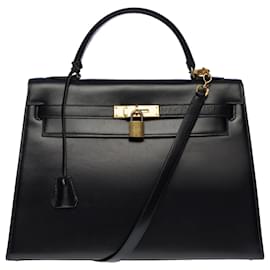 Hermès-Beautiful Hermes Kelly saddle bag 32 cm shoulder strap in black box leather, gold plated metal trim-Black
