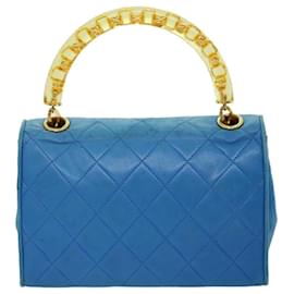 Chanel-CHANEL Hand Bag Lamb Skin Blue CC Auth hk455a-Blue