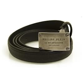 Philipp Plein-Cinto de couro fino e fino Philipp Plein feminino tom de prata preto com fivela tamanho 80-Preto