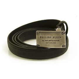 Philipp Plein Damen-Schwarz-Silberton-Schnalle, dünner, dünner Ledergürtel 80 Schwarz
