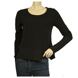 Rundholz Black Woman's Long Sleeve Asymmetrical Hem Basic T- Shirt Top Black