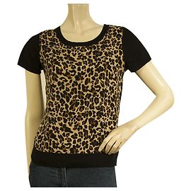 Steffen Schraut Black Wool Knit Leopard Print Short Sleeve Blouse Top sz 36 Black