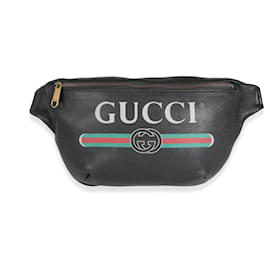 Gucci-Gucci Black Grained Calfskin Logo Print Web Belt Bag -Black