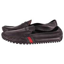 Gucci-Gucci Men Web Penny Loafers in Black Leather-Black