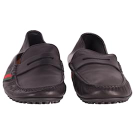 Gucci-Gucci Men Web Penny Loafers in Black Leather-Black