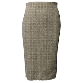 Alexander Mcqueen-Alexander Mcqueen Fringed Hem Midi Pencil Skirt in Light Beige Tweed-Beige