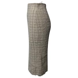 Alexander Mcqueen-Alexander Mcqueen Fringed Hem Midi Pencil Skirt in Light Beige Tweed-Beige