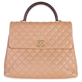 Chanel-Chanel Beige Quilted Caviar & Burgundy Lizard Large Coco Handle Flap Bag -Flesh